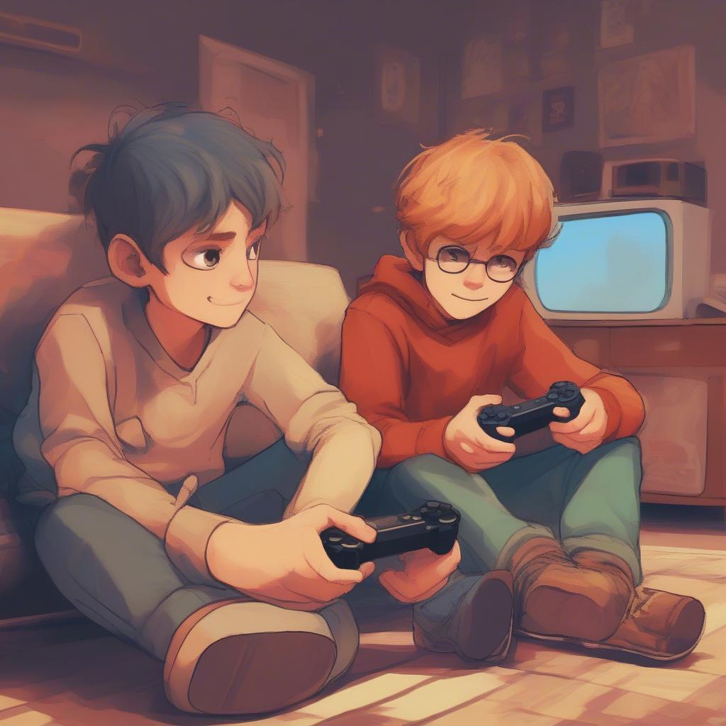 Two brothers enjoying playing video games together.