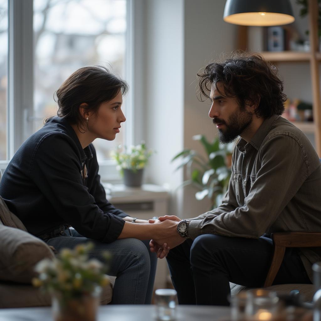 Couple Communicating Openly - A couple sitting together, engaged in a heartfelt conversation, symbolizing open communication and a commitment to building a stronger relationship.