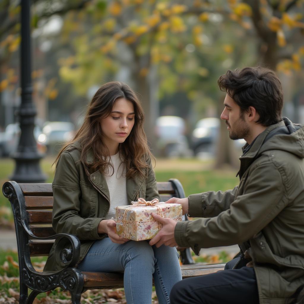 A woman sadly rejecting an expensive gift, highlighting that love can't be bought.