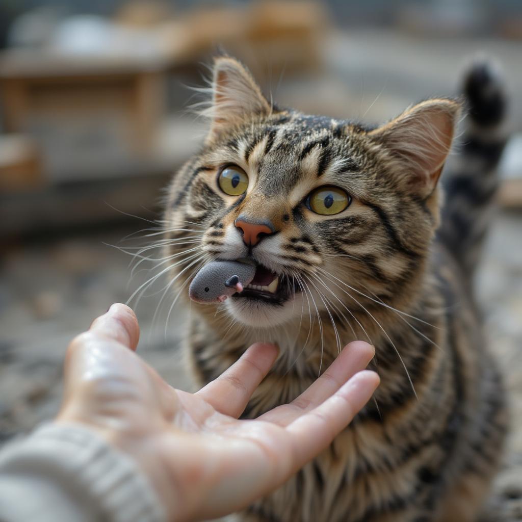 Cat Bringing a Toy Mouse to Owner