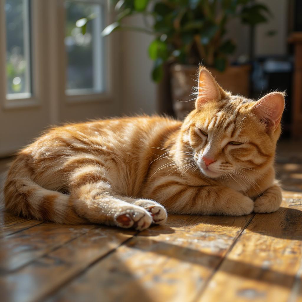 Cat basking in a sunbeam, enjoying a peaceful nap