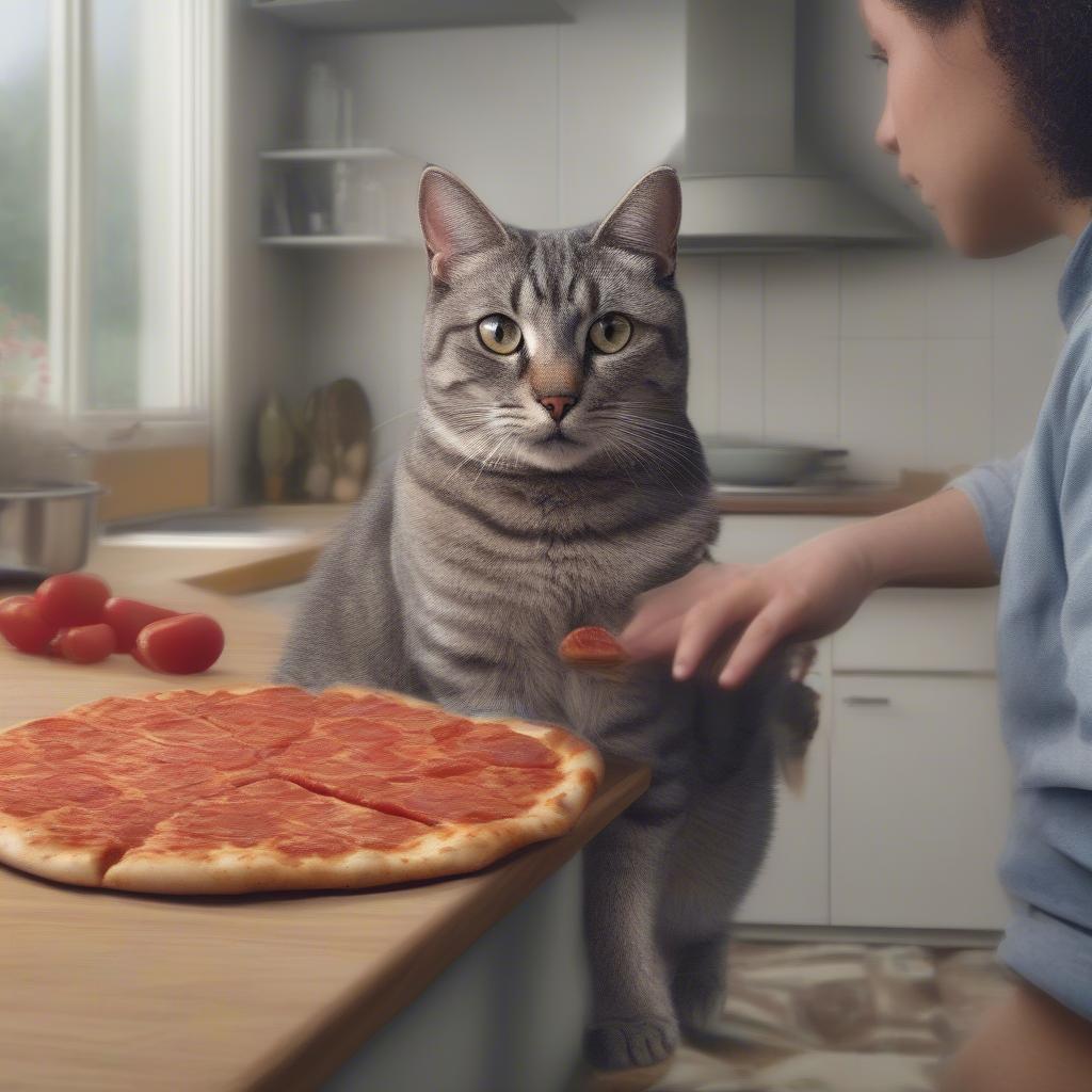 A cat staring intently at its owner eating pizza with a look of disapproval.