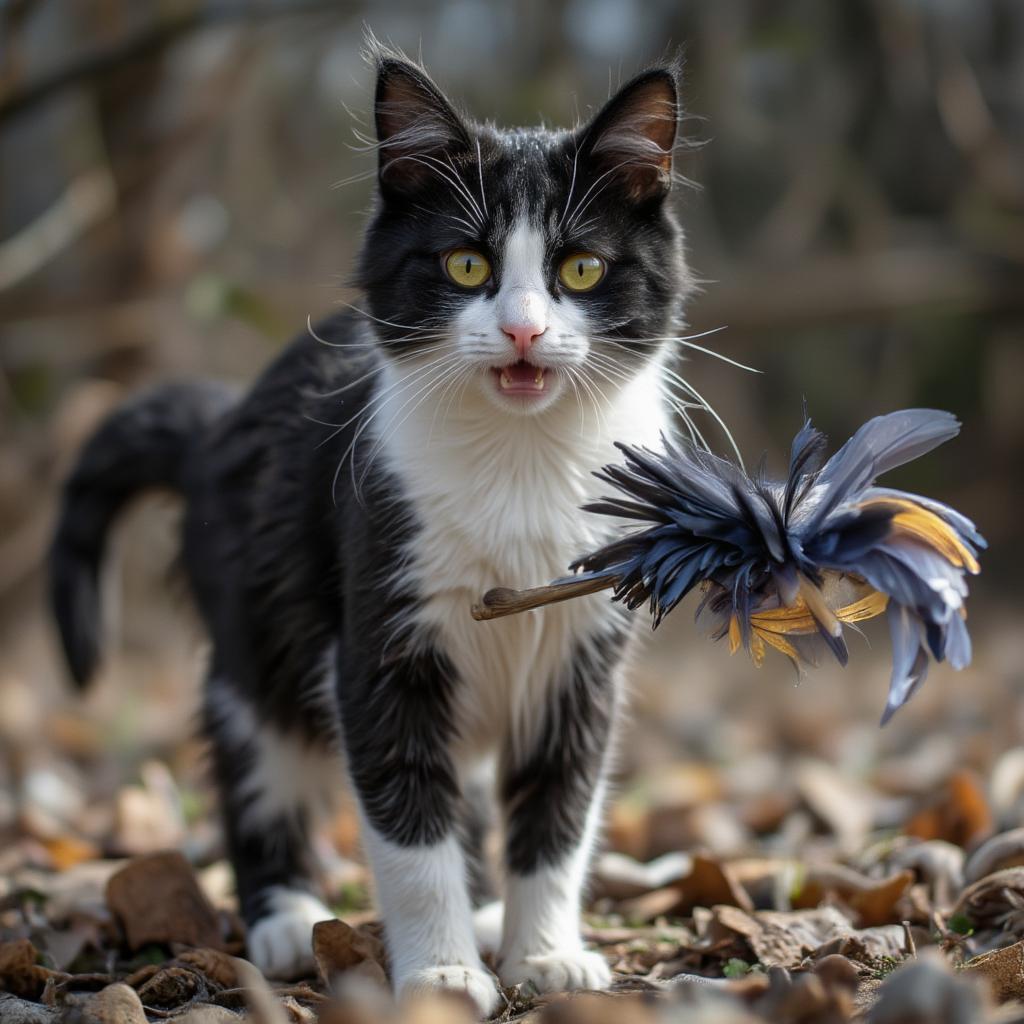 Cat engaging in playful activity with a feather toy