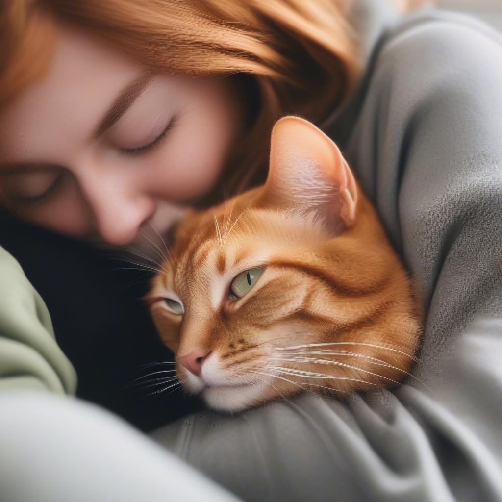 Cat purring contentedly on owner's lap