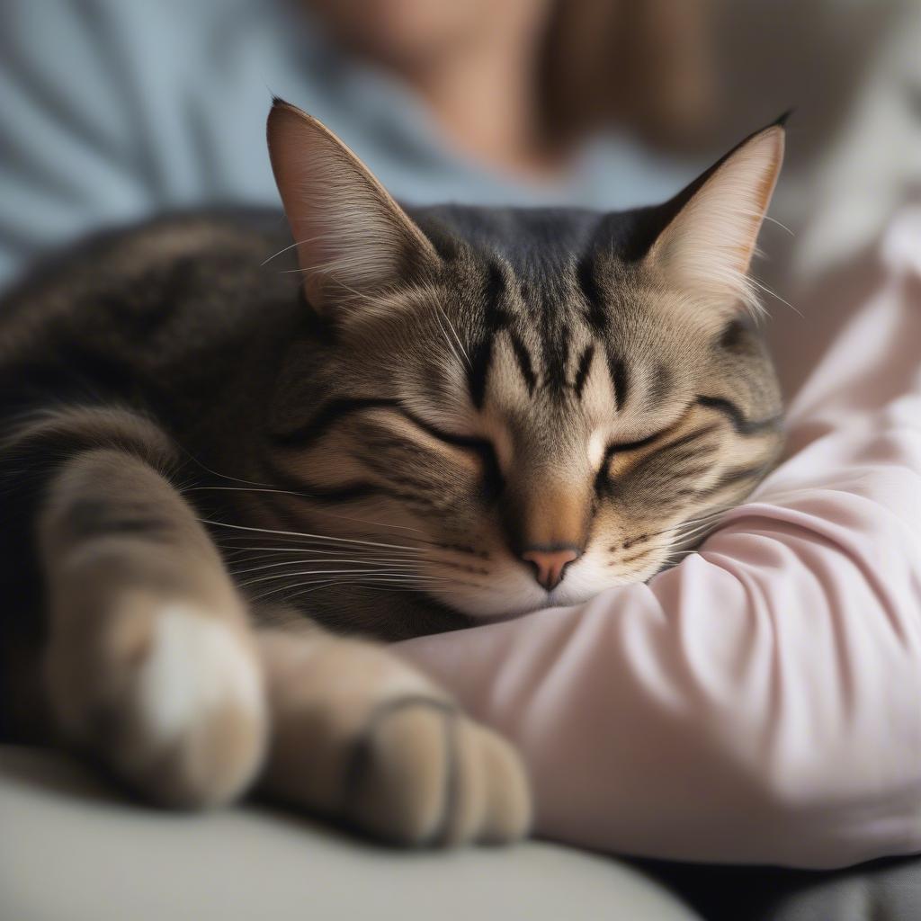 Cat sleeping near its owner, showing trust and affection