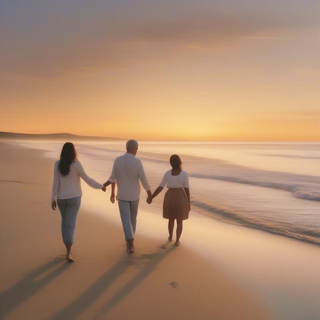 Couple holding hands and walking on the beach at sunset.