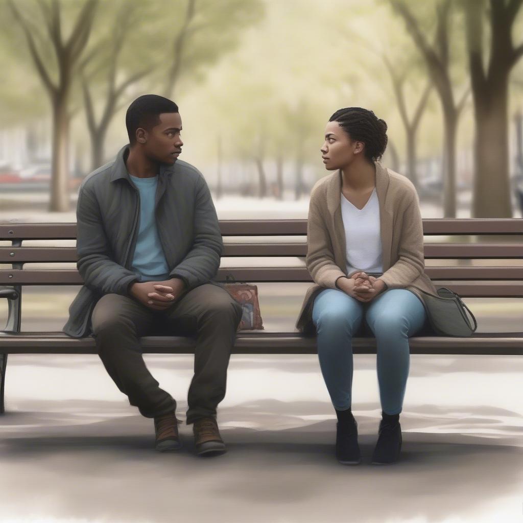 Couple sitting on a bench talking seriously