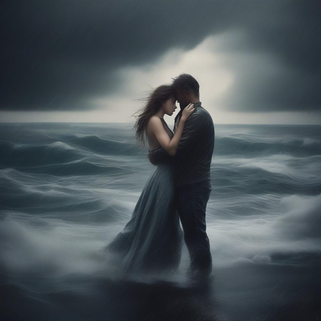 Couple embracing amidst a storm, representing the intensity and chaos of passionate love