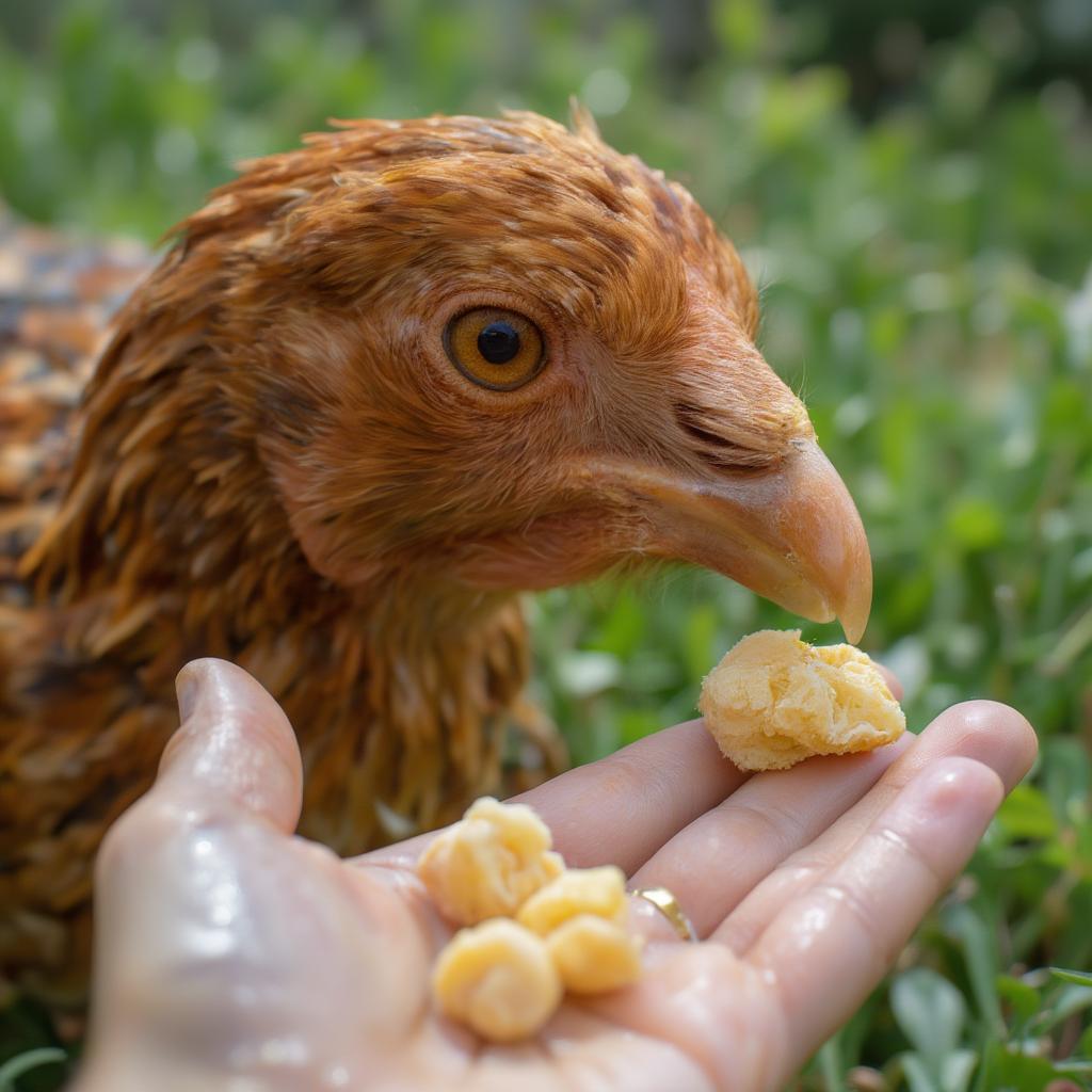 Chicken Eating a Treat from a Hand