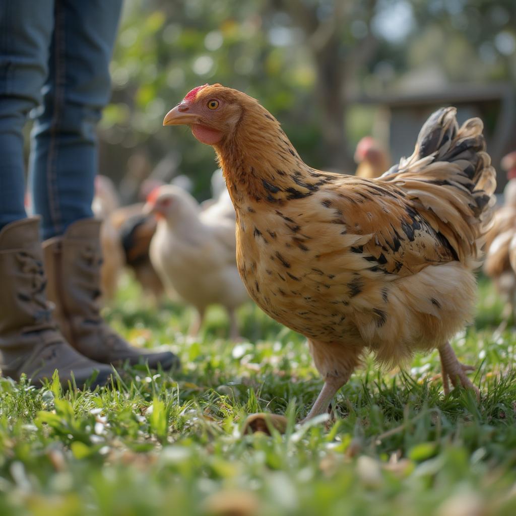 Chicken Following Owner in the Yard