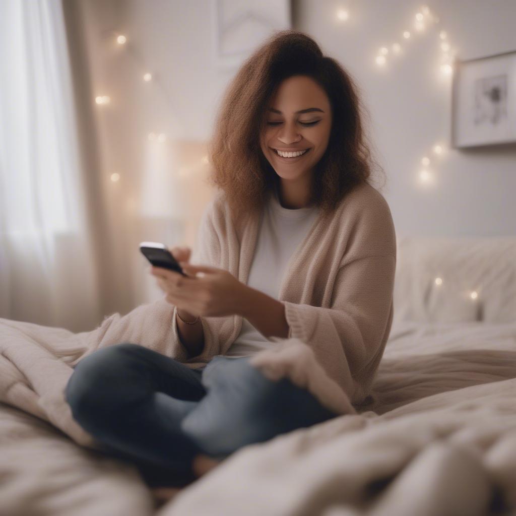 A woman looking at her phone, scrolling through funny love quotes