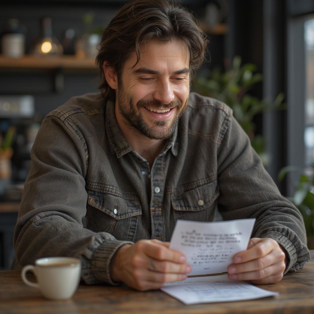 Man smiling, reading a love note