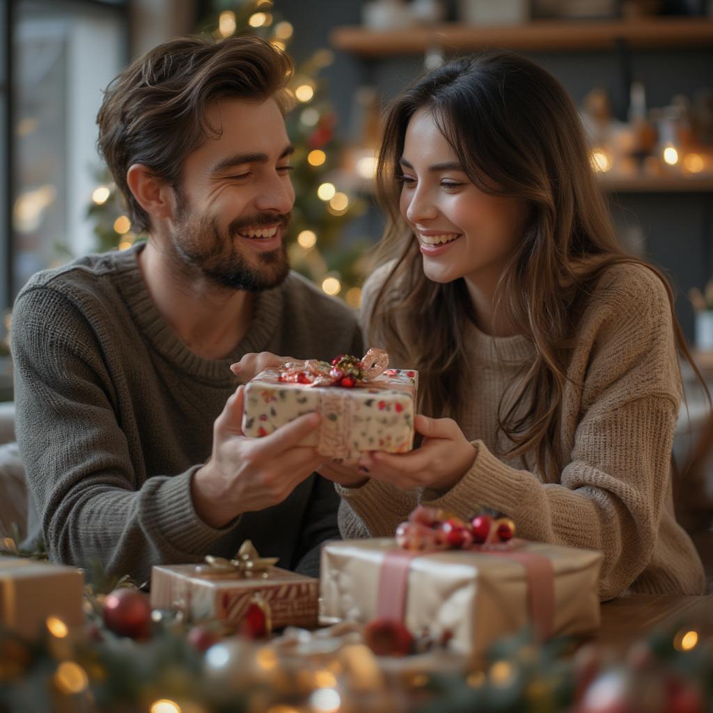 Couple Exchanging Christmas Gifts with Love