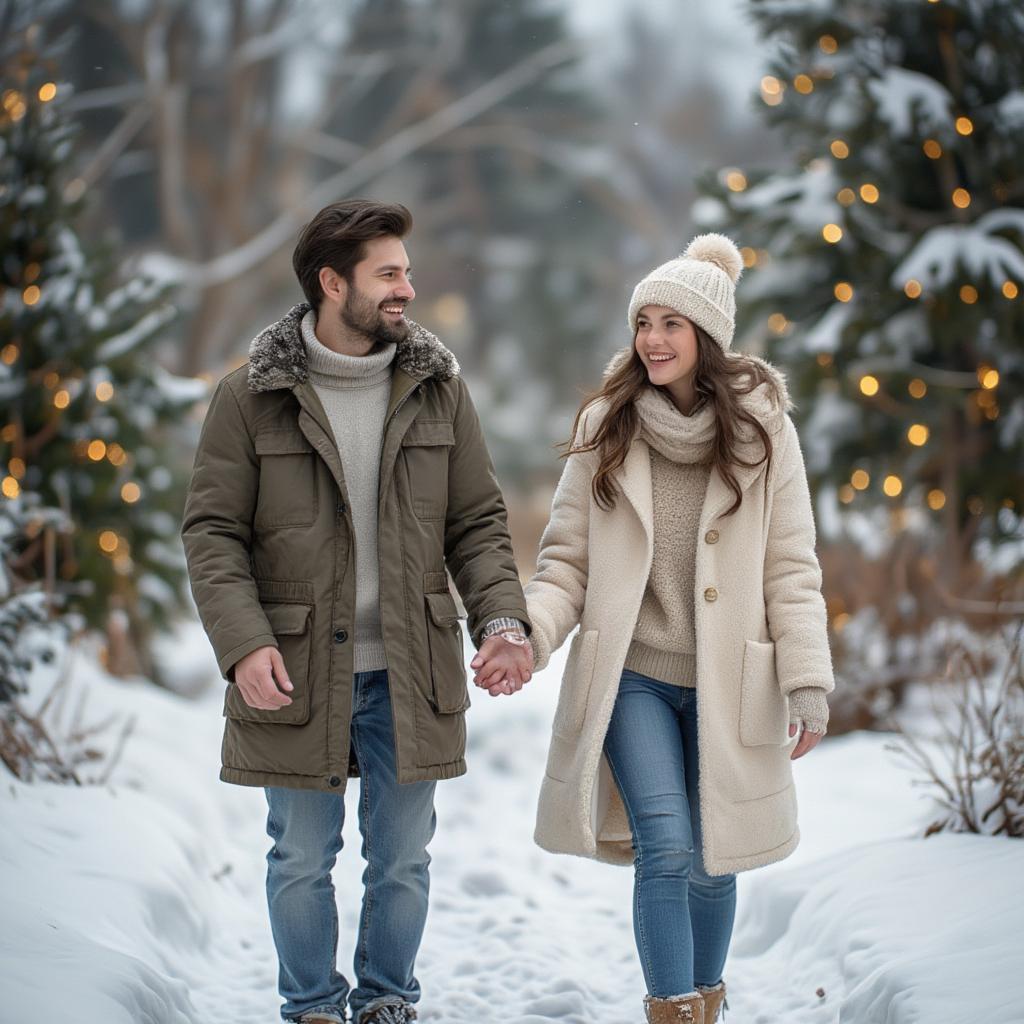 Couple Holding Hands Walking in the Snow