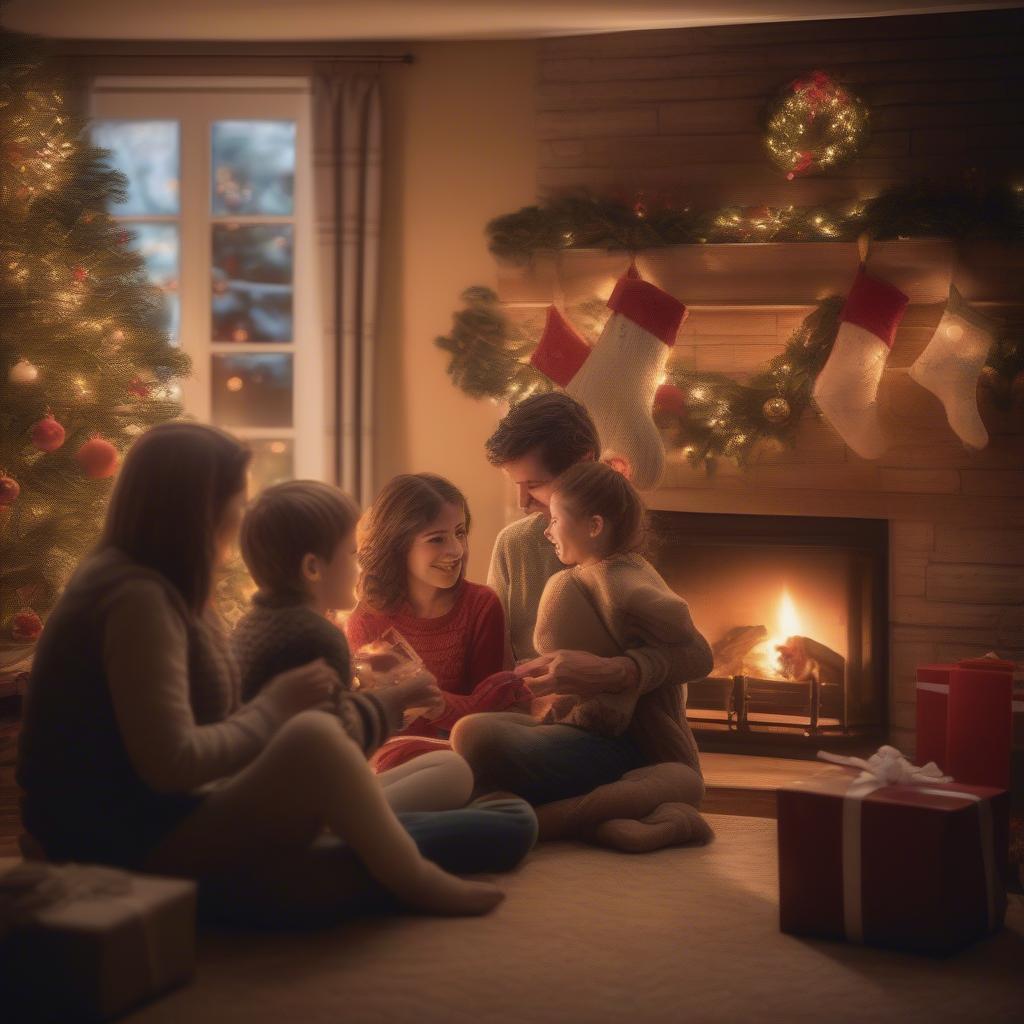 Family gathered around a fireplace, sharing stories and laughter on Christmas Eve.