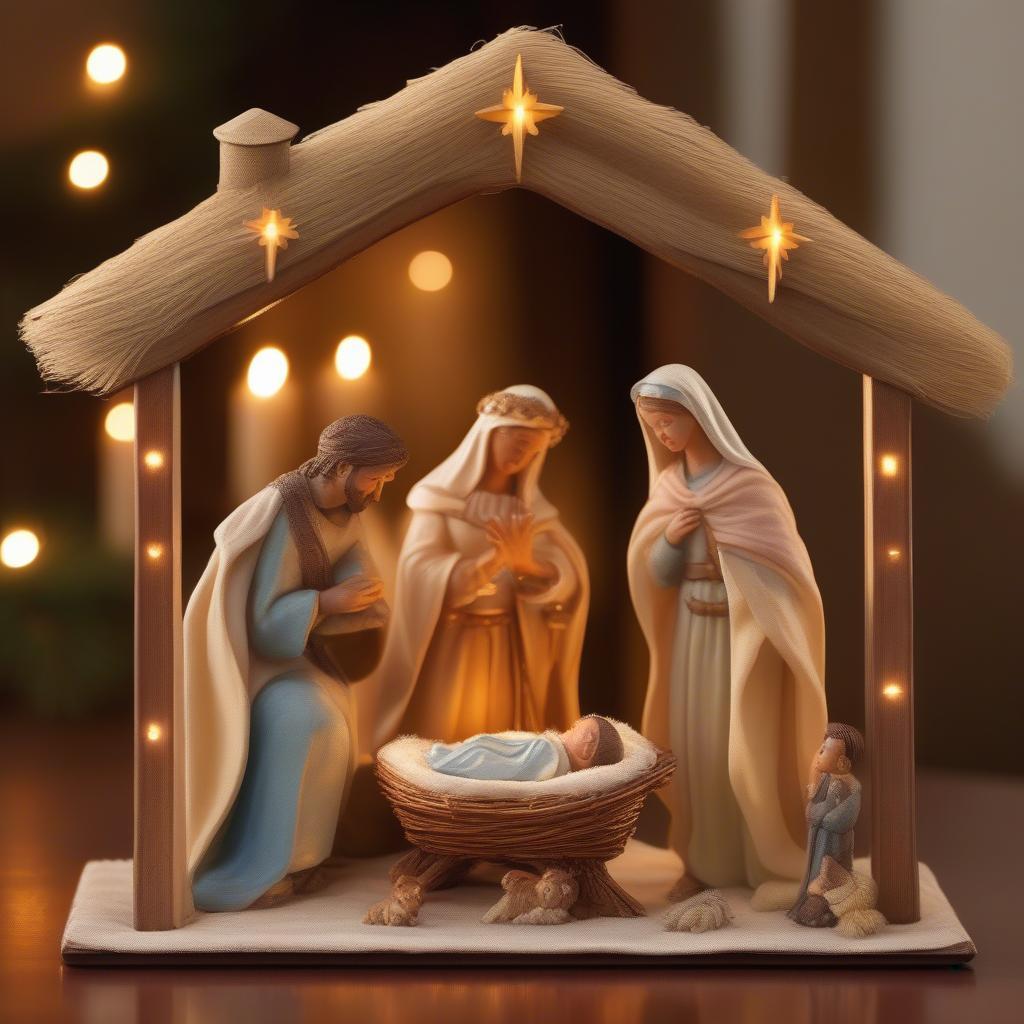 A nativity scene depicting the birth of Jesus Christ with Mary, Joseph, and the three wise men.