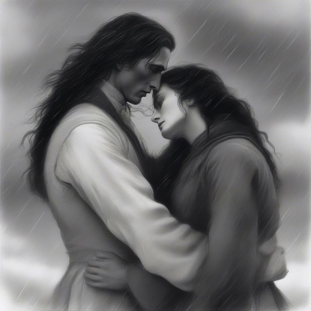 Heathcliff and Catherine embracing in a dramatic scene, with a powerful love quote overlaid.