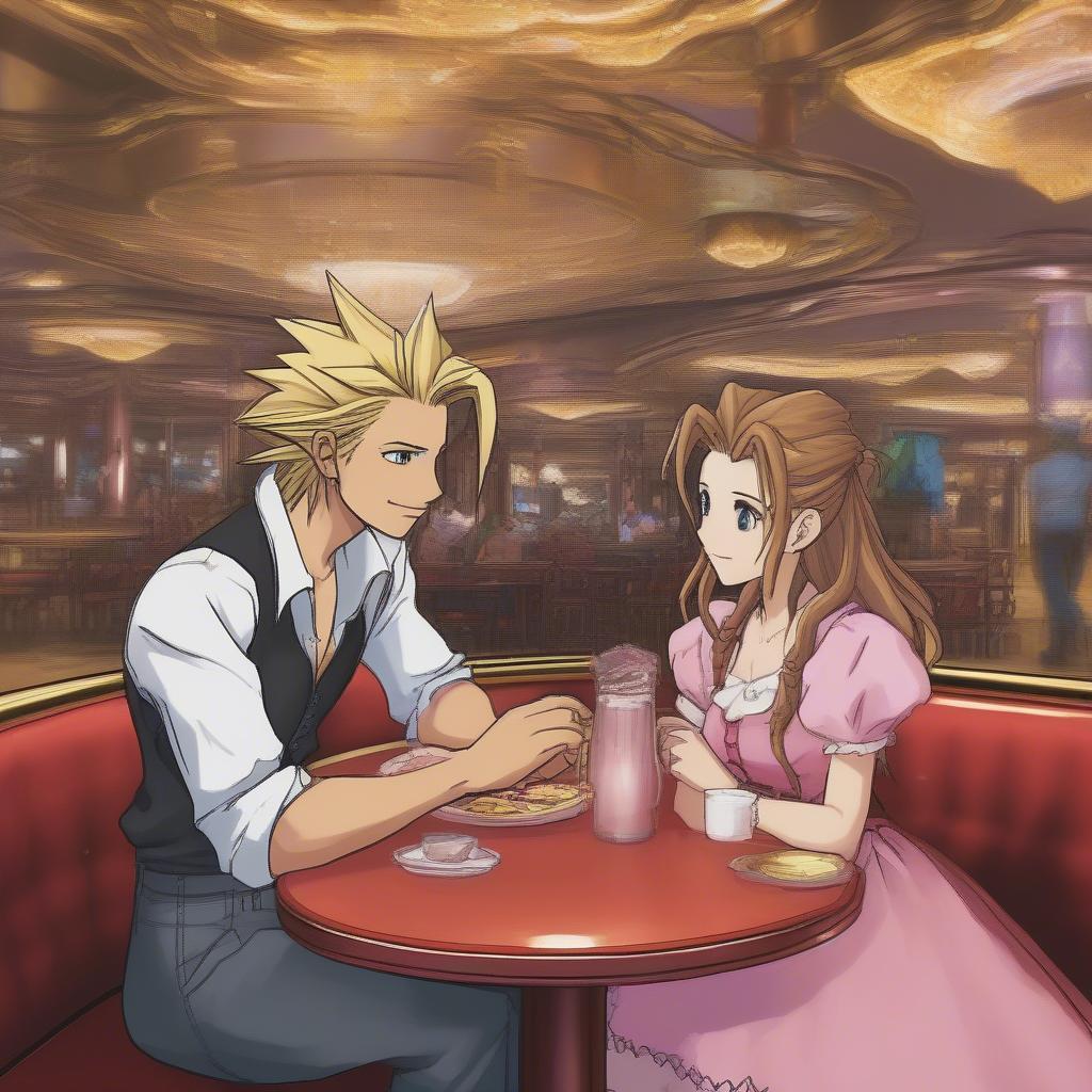 Cloud and Aerith on their date at the Gold Saucer