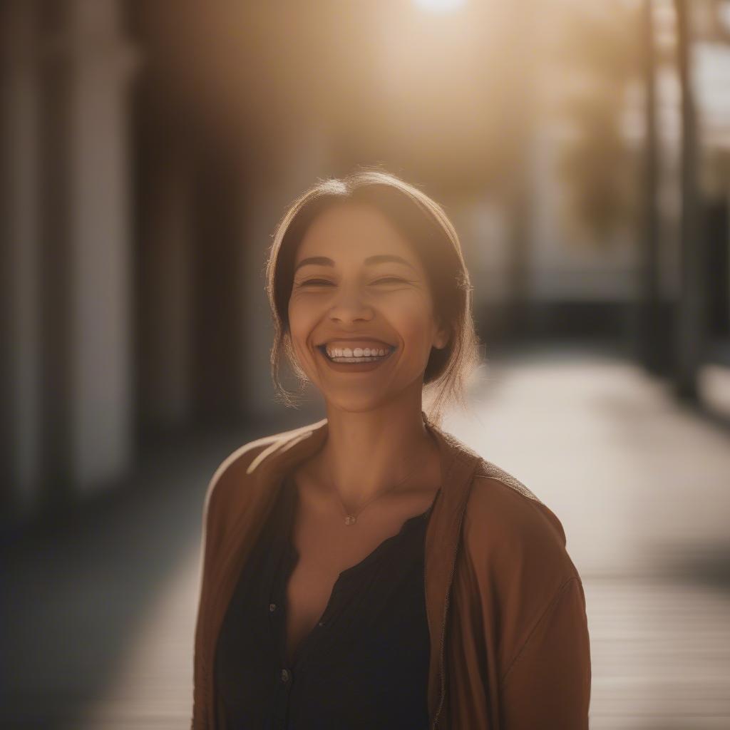 A woman smiles confidently outdoors.