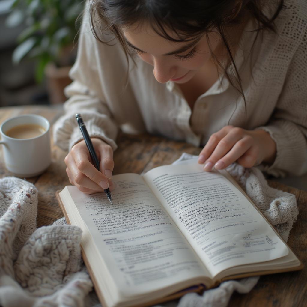 A person writing in a journal with a warm drink beside them