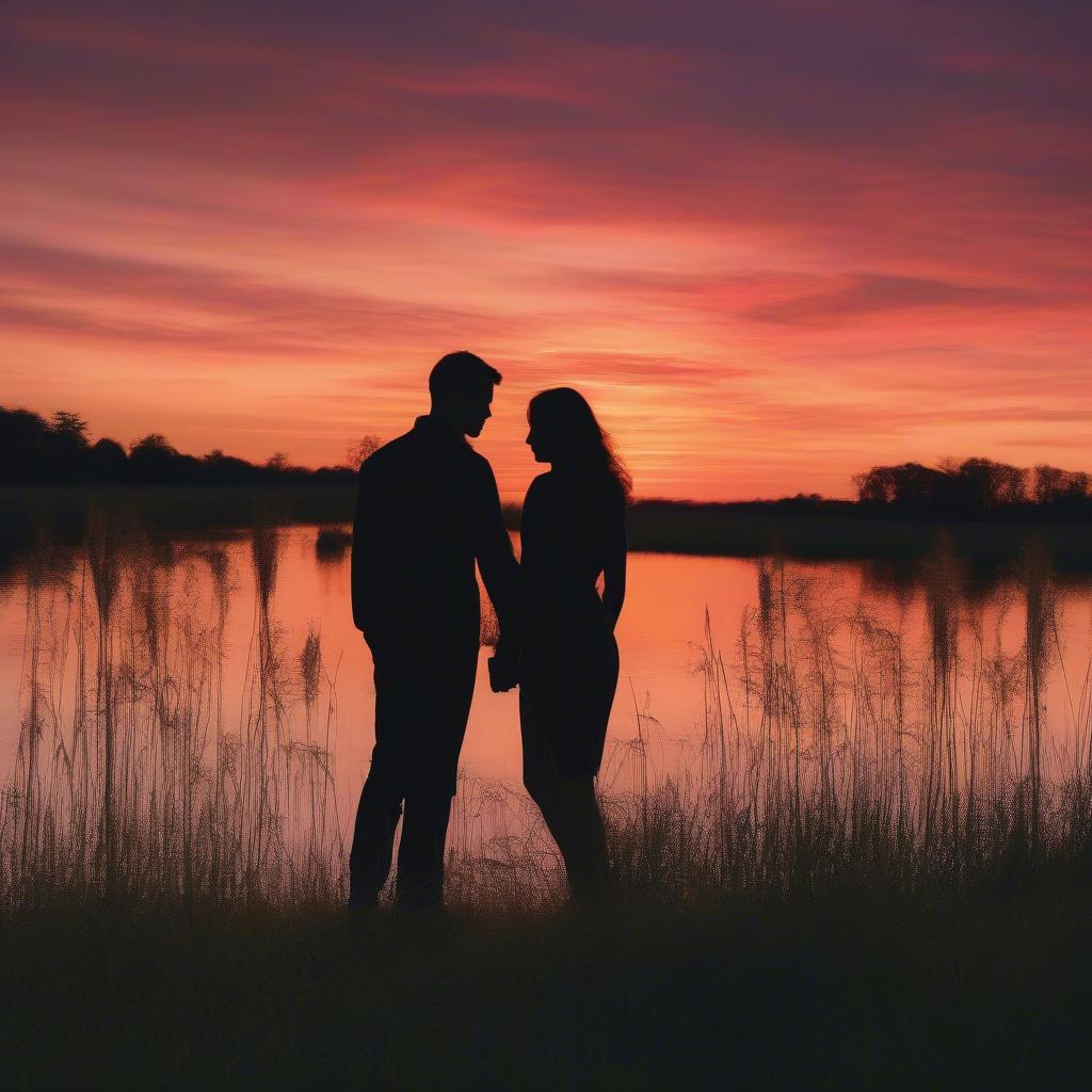 Couple watching sunset in a country field