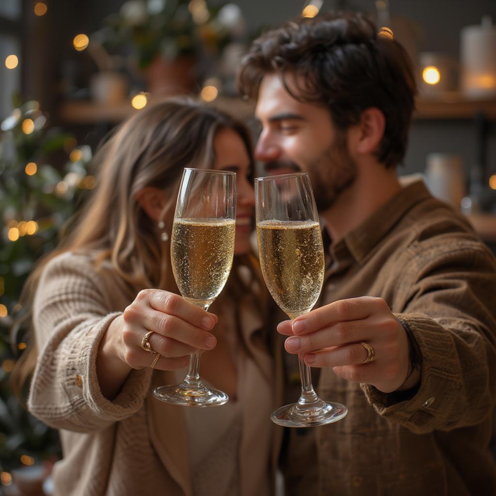 Couple celebrating success with champagne and loving embrace