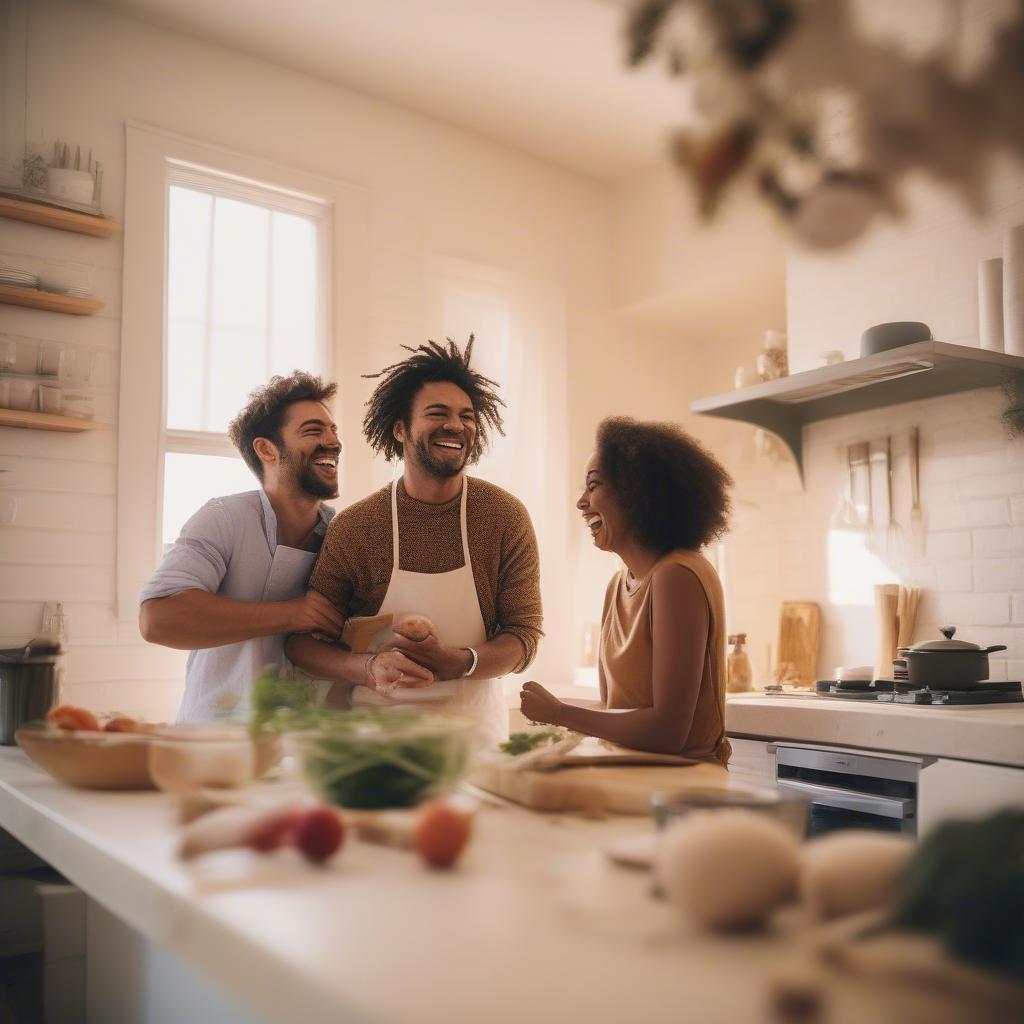 Couple laughing while cooking a meal together in their kitchen