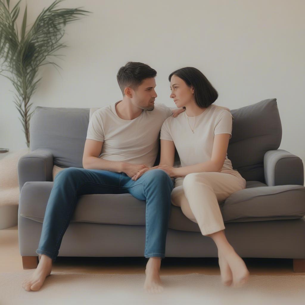 Couple sitting distant on a couch, symbolizing emotional distance