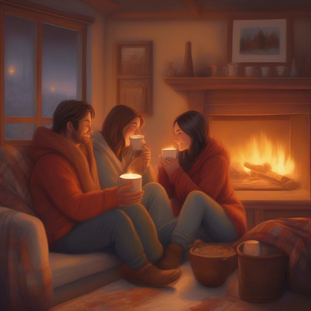 Couple enjoying hot chocolate by a fireplace