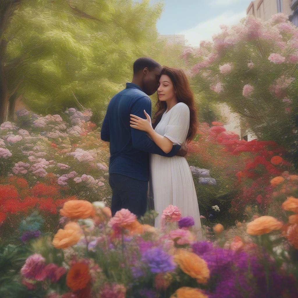 Couple Embracing in a Blooming Garden