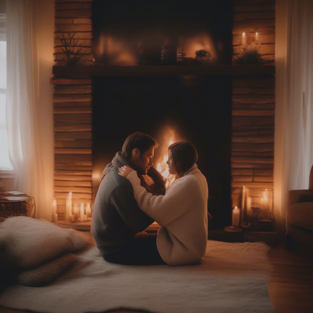 Couple Embracing at Home by the Fireplace