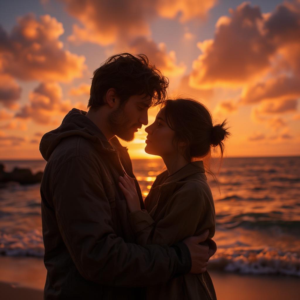 Couple embracing on a sunset beach