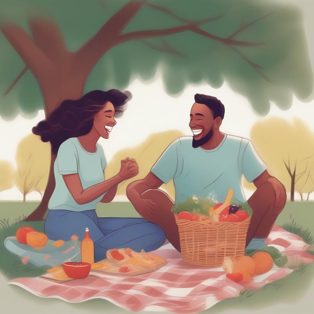 A couple laughs joyfully while enjoying a picnic in a sunny park