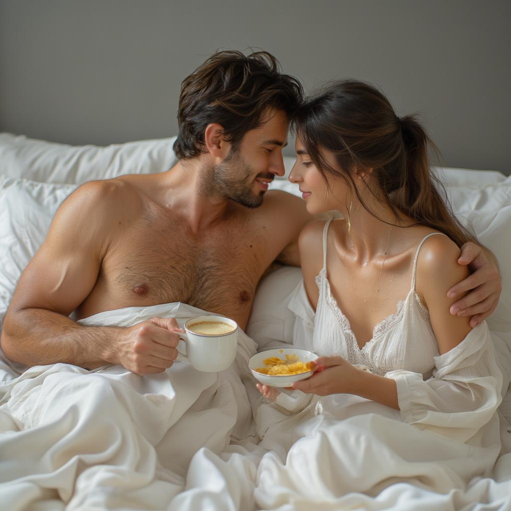 Couple enjoying breakfast together in bed