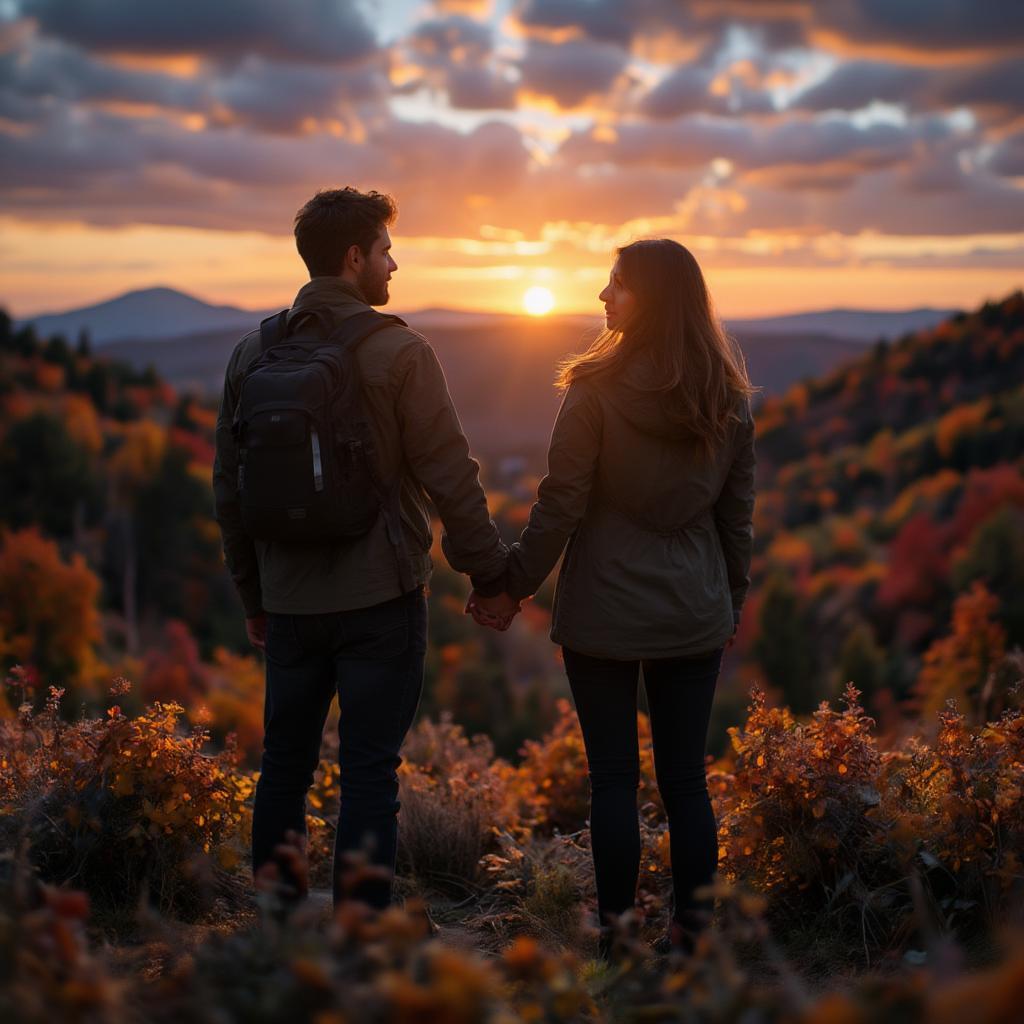 Couple holding hands during an autumn sunset