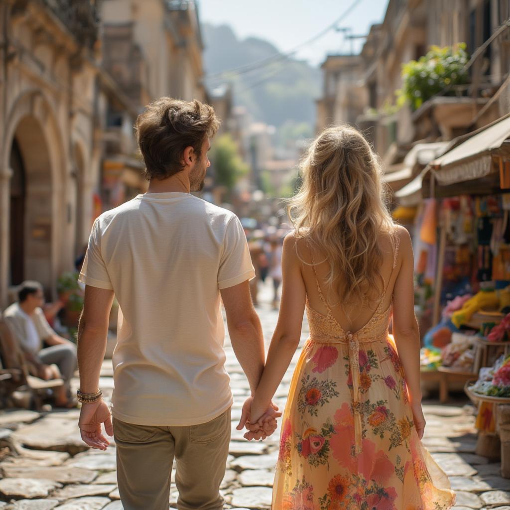 Couple holding hands while exploring an ancient city