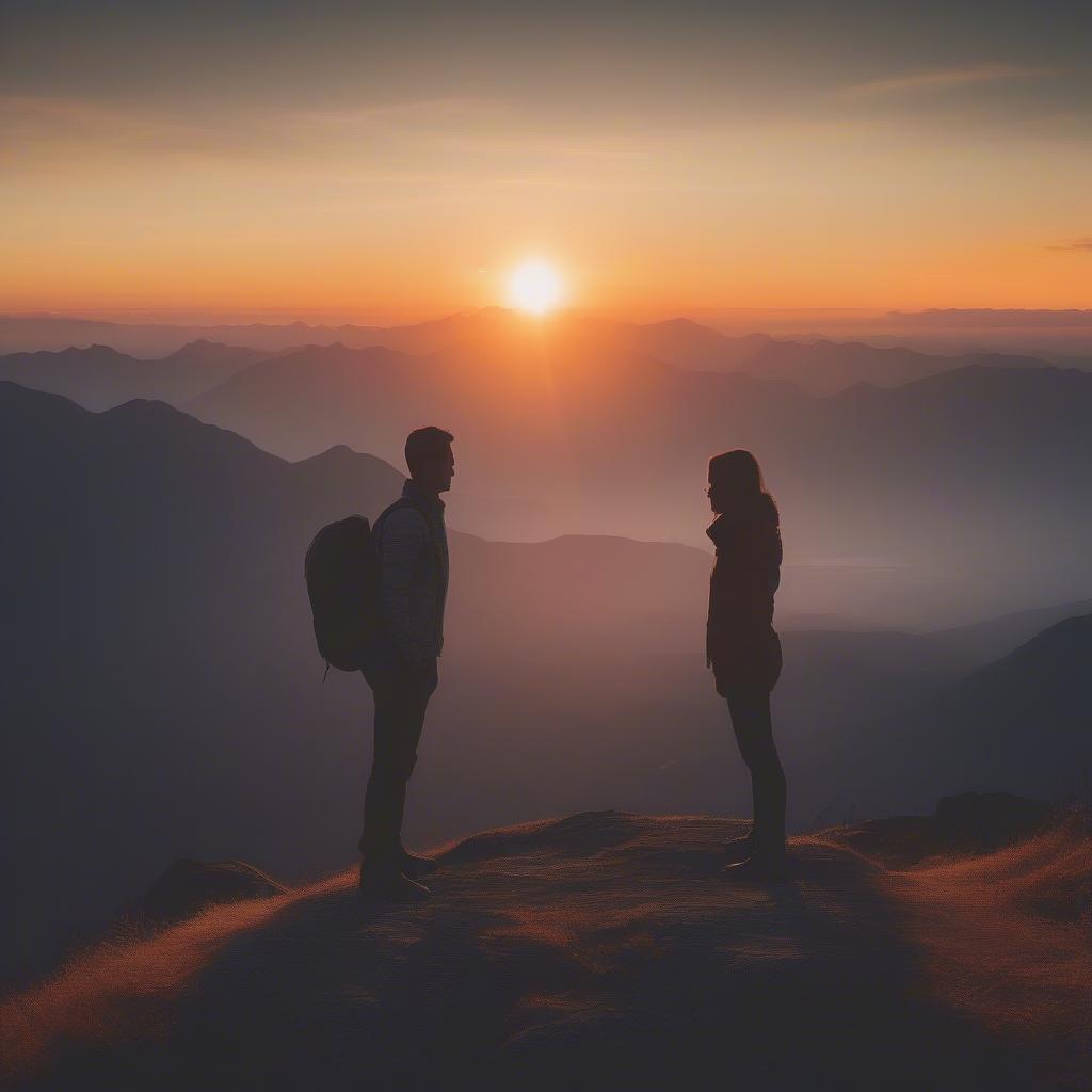 Couple holding hands on a mountaintop at sunrise