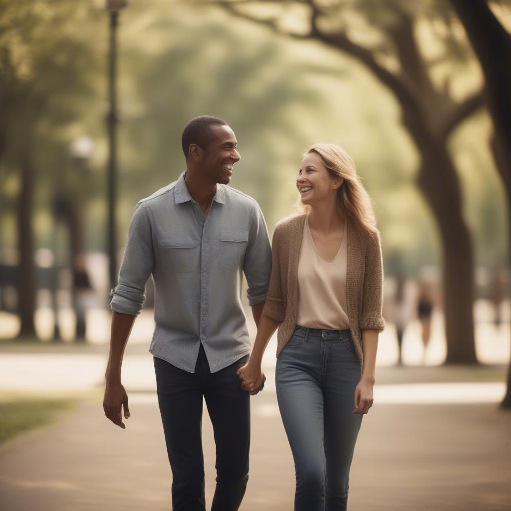 A couple holding hands and smiling at each other, radiating happiness and love.