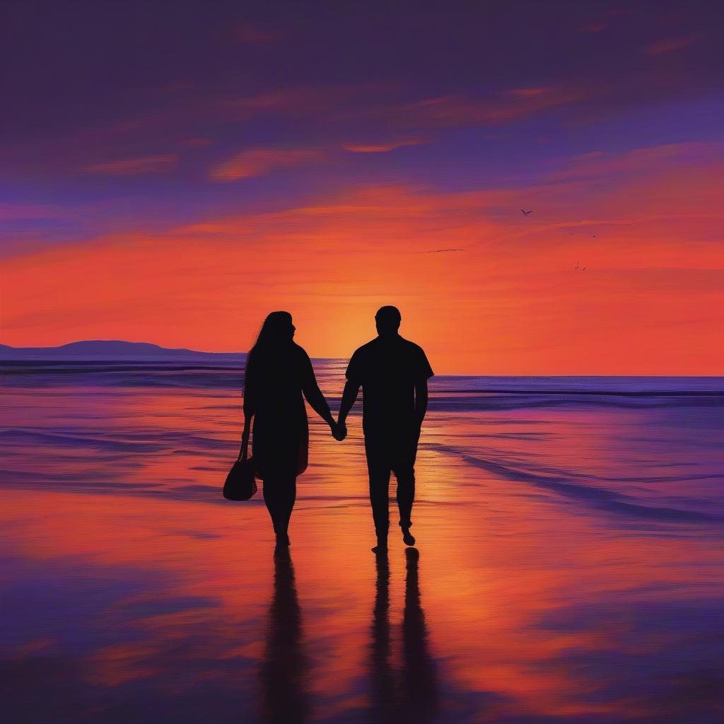 Couple holding hands walking towards a sunset