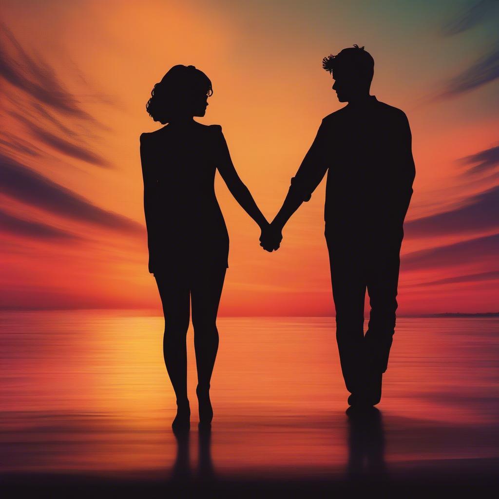 Couple holding hands at sunset