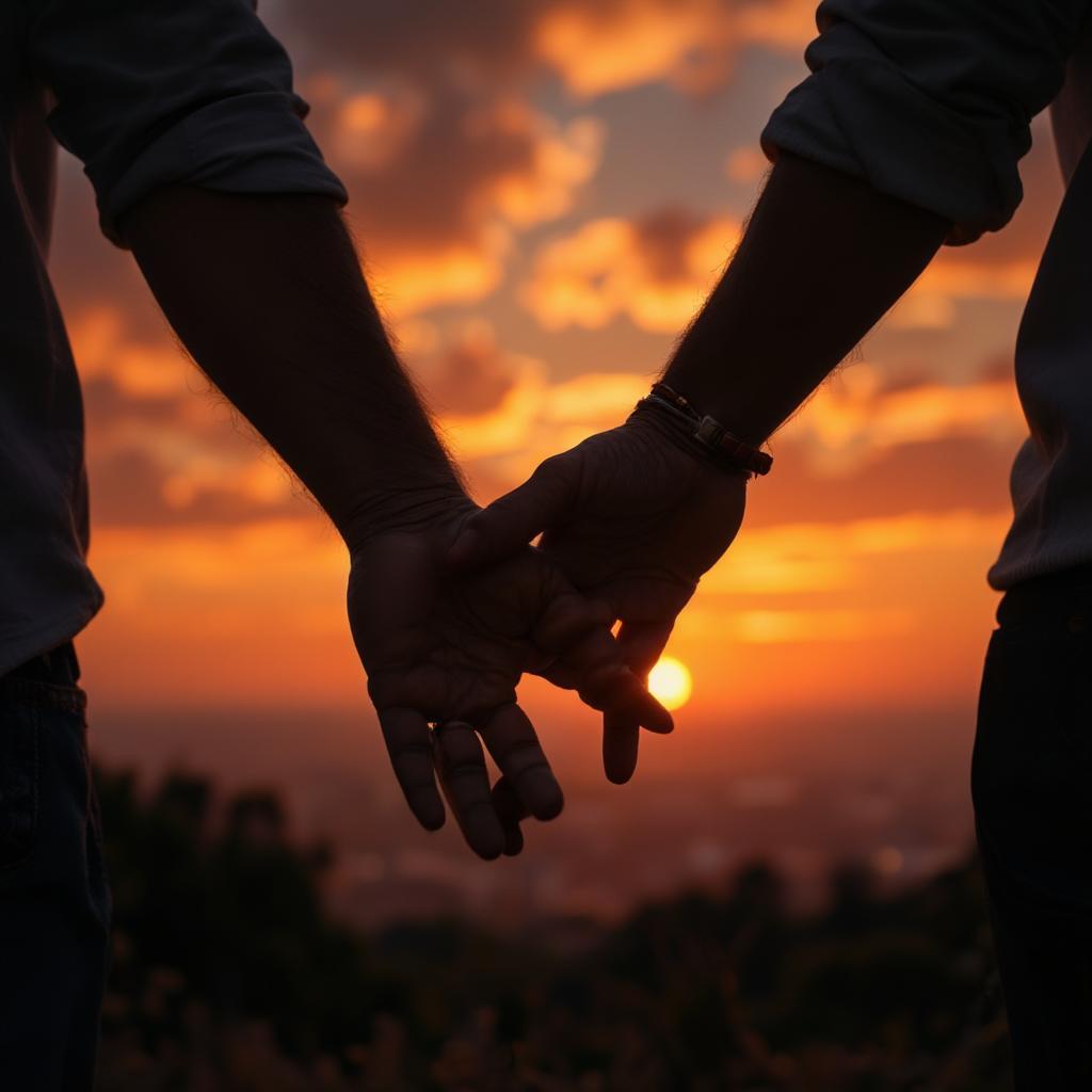 Couple holding hands at sunset, symbolizing a lasting connection.