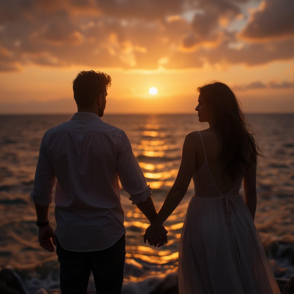 Couple holding hands at sunset, symbolizing enduring love