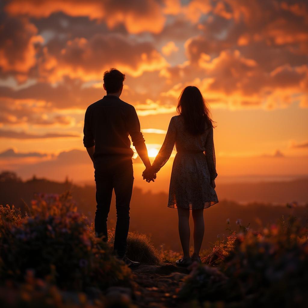 Couple holding hands while watching the sunset