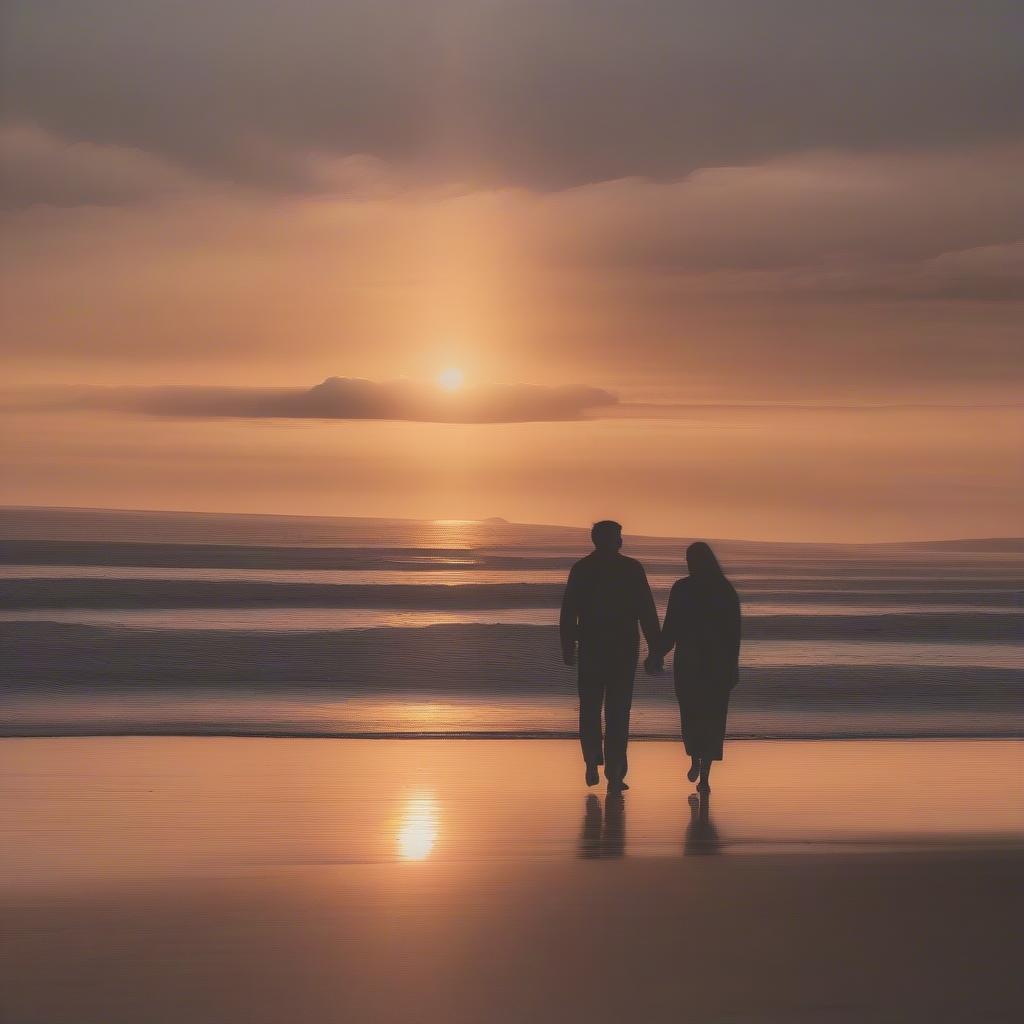 Couple holding hands on a sunset beach