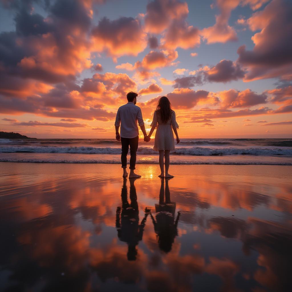 Couple Holding Hands on a Sunset Beach