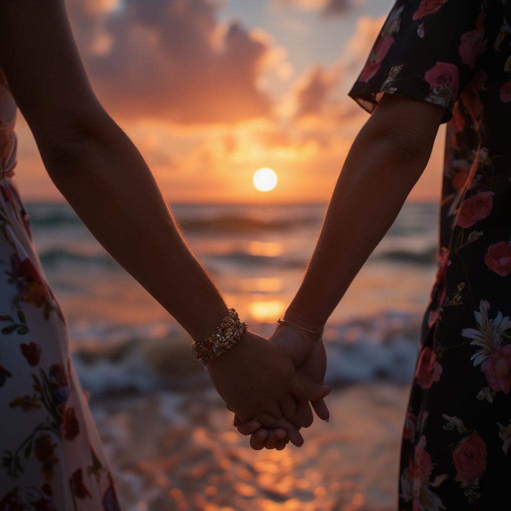 Couple Holding Hands on a Sunset Beach