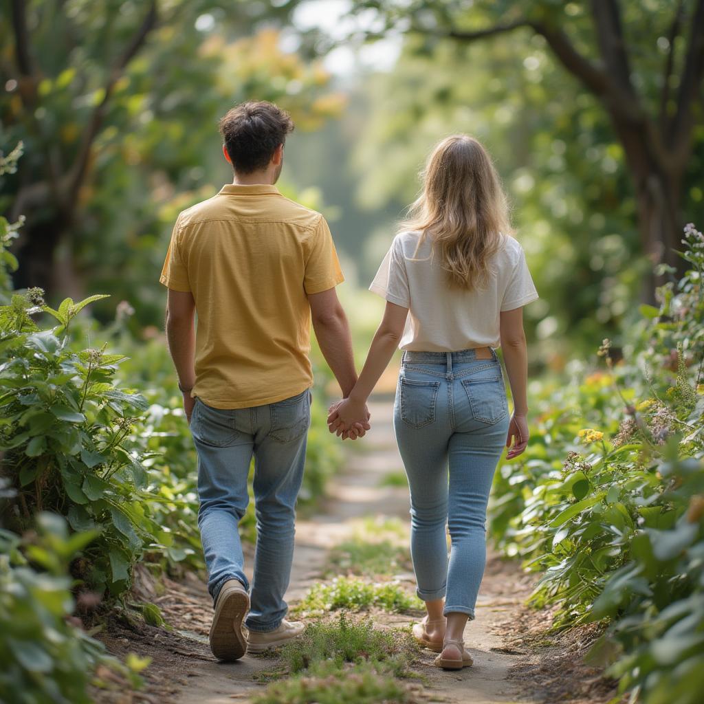 Couple holding hands walking down a path