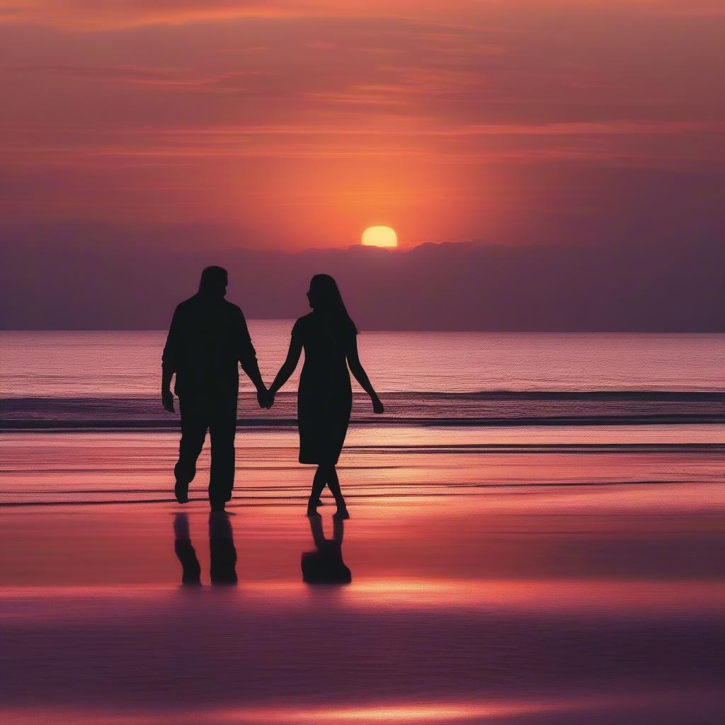 Couple holding hands walking on a beach at sunset, depicting a loving and supportive relationship.