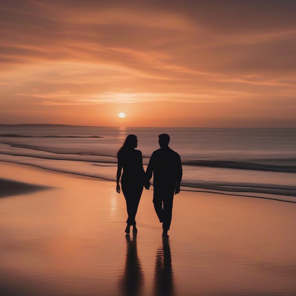 Couple holding hands while walking on a beach, showcasing a simple act of love.