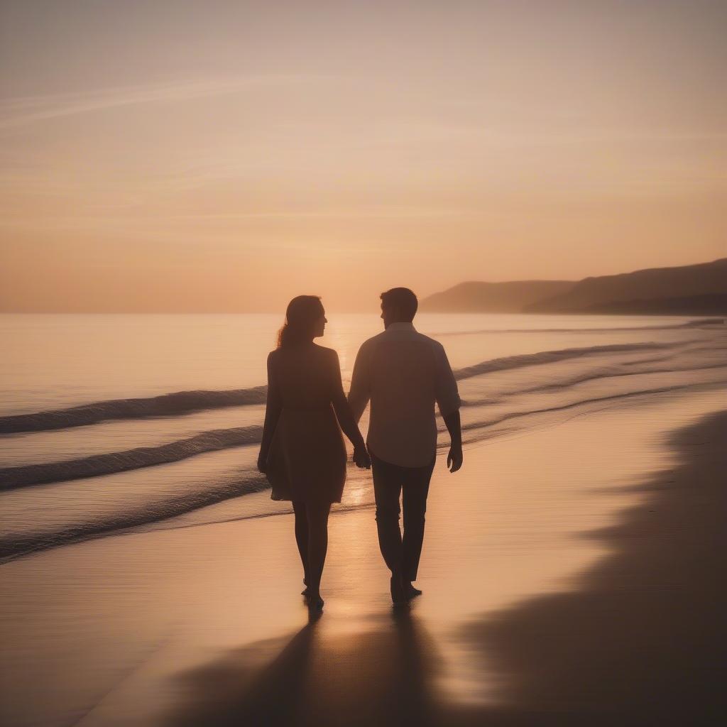 Couple holding hands walking on the beach